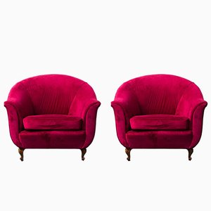 Purple Red Velvet Lounge Chairs, 1950s, Set of 2