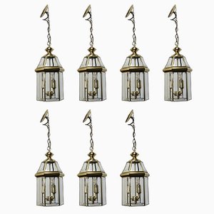 Art Deco Brass & Glass Hall Lanterns, 1970s, Set of 7