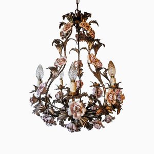 Italian Tole Chandelier with Pink Porcelain Roses and Acanthus Leaves, 1960s