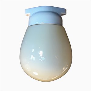 Vintage Mid-Century Egg Shaped White Porcelain Mount and Cream-Colored Opaque Glass Umbrella Ceiling Lamp, 1950s