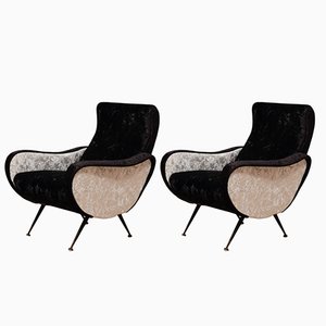 Italian Fabric Lounge Chairs in Black and White, 1950, Set of 2