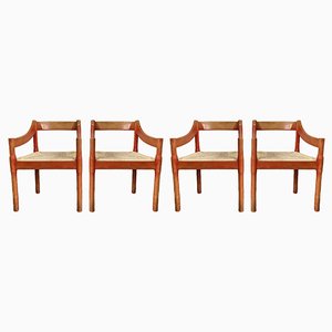 Red Carmimate Carver Chairs by Vico Magistretti, Set of 4