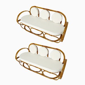 Set of Italian Sofa and Stool in Bamboo with Bouclé Fabric, 1960s