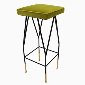 Mid-Century Italian Square Black Lacquered Iron and Lime Cotton Velvet Stool