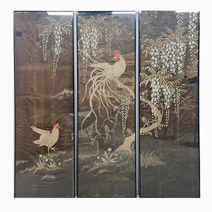 Arte de pared chinoiserie de época Showa bordado de seda, años 50