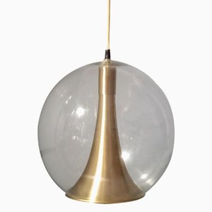 Pendant Light in Golden Aluminum and Transparent Glass Sphere, 1990s