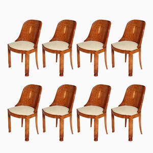 Art Deco French Dining Chairs in Amboyna, 1920s, Set of 8