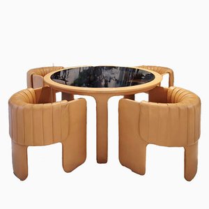 Vintage Beige Leather Table and Amber Glass Mod. Dinett Armchairs by Luigi Massoni for Frau, 1970s, Set of 5