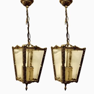 French Brass and Etched Glass Lanterns, 1890s, Set of 2