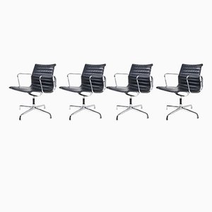 Vintage EA 108 Alu Chairs in Black Leather by Charles & Ray Eames for Vitra, 1970s, Set of 4