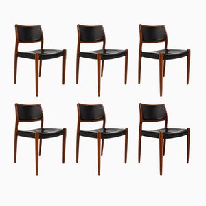 Model 80 Chairs in Patinated Black Leather by J.L. Moller for Models Fabrik, Denmark, 1960s, Set of 6