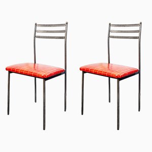 Set of Iron Chairs with Wooden Tips and Leather Seats, 1960s