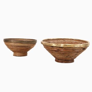 Rattan Bowls with Brass Edges in the style of Gabriella Crespi, 1960s, Set of 2