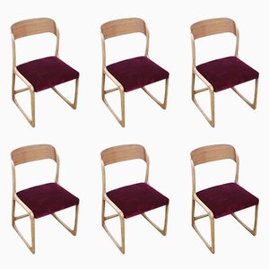 French Traîneau Chairs in Red Velvet and Beech from Baumann, 1970s, Set of 6