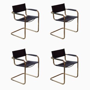 Chaises de Salle à Manger Tubulaires en Laiton et Cuir Noir, 1970s, Set de 4