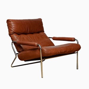 Scandinavian Modern Tubular Chrome and Brown Leather Lounge Chair, 1960s