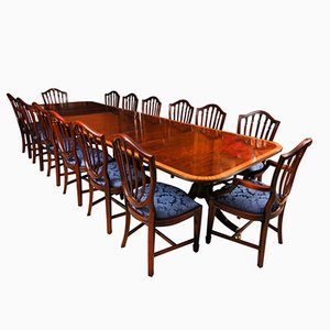 Vintage Three Pillar Mahogany Dining Table and Chairs, 1980s, Set of 15