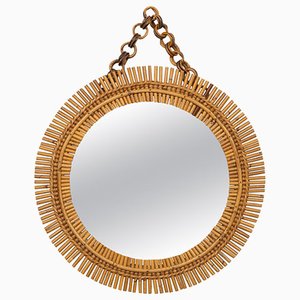 Mid-Century Round Rattan and Bamboo Wall Mirror with Chain, Italy, 1960s