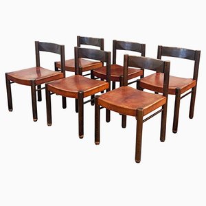 Tiger Oak and Saddle Leather Dining Chairs by Robert and Trix Haussmann for Dietiker, 1960s, Set of 6