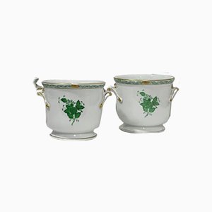 Small Chinese Porcelain Apponyi Green Bouquet Cache Pots, Set of 2