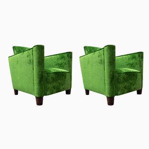 Green Velvet Club Armchairs, 1940s, Set of 2
