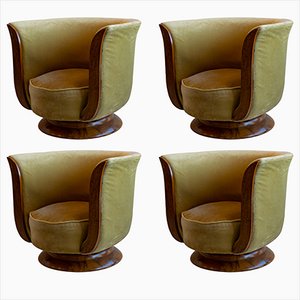 Art Deco Tulip Armchairs in Wood and Upholstered Velvet from Hotel Melandre, France, Set of 4