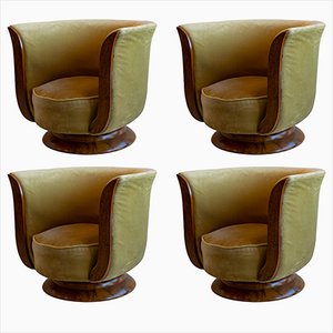 Fauteuils Tulip Art Déco en Bois et Velours Rembourré de Hotel Melandre, France, Set de 4