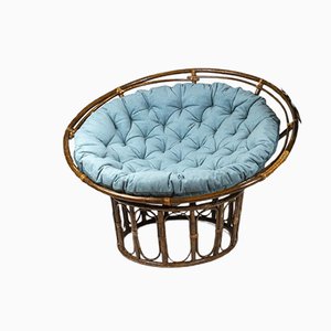 Papasan Lounge Chair in Rattan and Quilted Fabric, 1970s