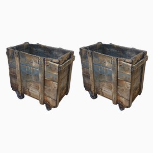 Fir Factory Crates on Metal Casters, 1960s, Set of 2