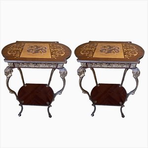 Marquetry Wood Pedestal Tables, Set of 2
