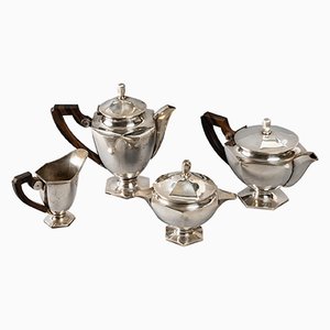 Servicio de té Art Déco de metal plateado y cafetera para cuatro habitaciones. Juego de 4