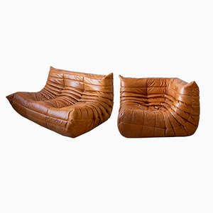 Dubai Pine Leather Togo Corner Seat & 2-Seat Sofa by Michel Ducaroy for Ligne Roset, 1970s, Set of 2