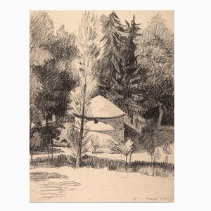 Georges-Henri Tribout, paisaje con árboles, dibujo original, 1935