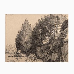 Georges-Henri Tribout, paisaje con árboles, dibujo original, 1940