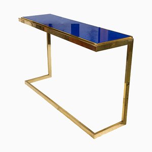 Table Console en Laiton avec Plateau en Verre Bleu