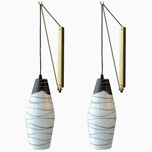 Mid-Century Czech Black & White Hand Painted Glass Wall Lights, Set of 2