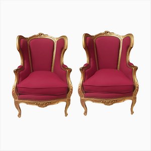 Louis XV Style Golden Wood Lounge Chairs, Set of 2