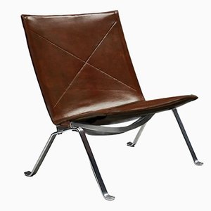 Vintage Danish PK22 Lounge Chair in Polished Steel and Cognac Leather by Poul Kjærholm for E. Kold Christensen, 1950s
