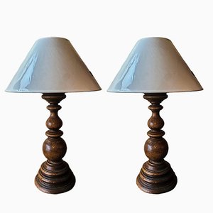 Turned Wooden Lamp, 1940s, Set of 2