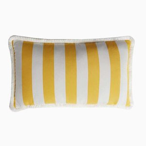 Striped Outdoor Happy Cushion Cover in Yellow and White with Fringes from Lo Decor