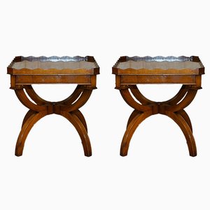 Burr Yew Wood Bevan Funnell Side Tables with Hidden Drawers Gallery Rail, Set of 2