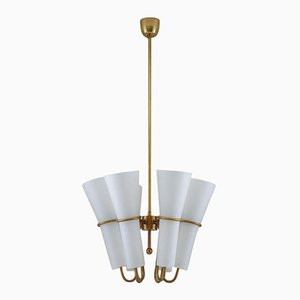 Ceiling Light in Brass and Opaline Glass attributed to Hans-Agne Jakobsson, 1950s