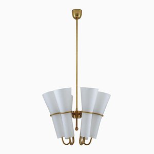 Ceiling Light in Brass and Opaline Glass attributed to Hans-Agne Jakobsson, 1950s