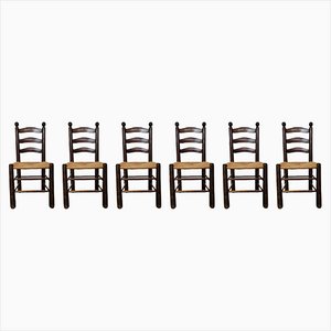 Vintage Straw & Wood Chairs by Georges Robert, Set of 6