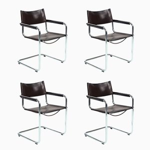 Brown Leather S34 Swing Chairs attributed to Mart Stam & Marcel Breuer, Set of 4