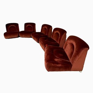 Rust Velvet Modular Sofa, Italy, 1970s, Set of 5