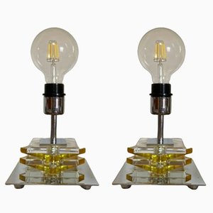 Bedside Table Lamps in Chromed Brass and Lead Crystal Cubes, 2000s, Set of 2