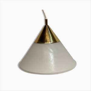 Brass and Opaline Glass Hanging Space Age Lamp by Limburg Glashütte