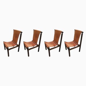 Mid-Century Modern Italian Cognac Leather and Dark Beech Dining Chairs by Ilmari Tapiovaara for La Permanente Mobili Cantù, Set of 4