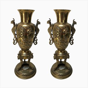 Bronze Vases with Floral Decor, China or Indochina, 1800s, Set of 2